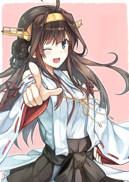 Anime picture 724x1024 with kantai collection kongou battleship hiten (hitenkei) single long hair tall image looking at viewer blush open mouth brown hair ahoge traditional clothes japanese clothes one eye closed wink grey eyes hair bun (hair buns) nontraditional miko pointing at viewer girl