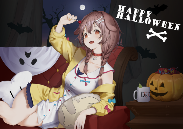 Anime picture 3508x2480 with virtual youtuber hololive inugami korone wazd0183 single long hair looking at viewer fringe highres hair between eyes brown hair brown eyes animal ears absurdres braid (braids) arm up twin braids halloween reclining dog ears