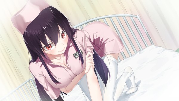 Anime picture 1920x1080 with saenai heroine no sodatekata a-1 pictures kasumigaoka utaha rolua single long hair looking at viewer blush fringe highres breasts light erotic black hair smile red eyes wide image large breasts standing indoors leaning