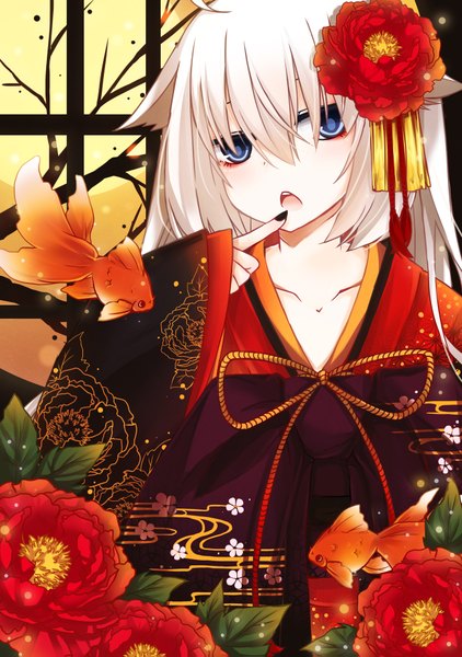 Anime picture 1300x1847 with original yuu (shiro yurine) shiro yurine single long hair tall image looking at viewer blush fringe open mouth blue eyes hair between eyes ahoge white hair nail polish traditional clothes japanese clothes hair flower fingernails floral print