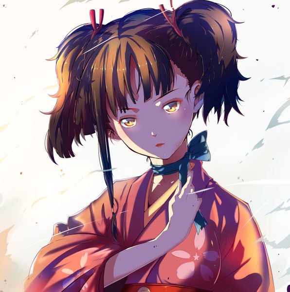 Anime picture 3480x3507 with koutetsujou no kabaneri wit studio mumei (kabaneri) lucky (1045044604) single tall image fringe highres short hair simple background brown hair twintails yellow eyes looking away absurdres upper body blunt bangs traditional clothes head tilt japanese clothes