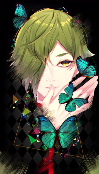 Anime picture 2000x3500 with touken ranbu nitroplus uguisumaru motsuni (lxxe1120) single tall image looking at viewer fringe highres short hair green eyes green hair hair over one eye butterfly on hand boy insect butterfly