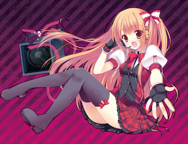 Anime picture 1286x984 with original sakura hanpen long hair open mouth blonde hair full body orange eyes puffy sleeves one side up striped background girl bow hair bow headphones fingerless gloves thigh boots headset
