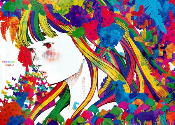 Anime picture 1280x914 with oyasumi punpun aiko tanaka asano inio single long hair fringe red eyes twintails multicolored hair scan inscription looking down abstract multicolored colorful girl animal insect butterfly