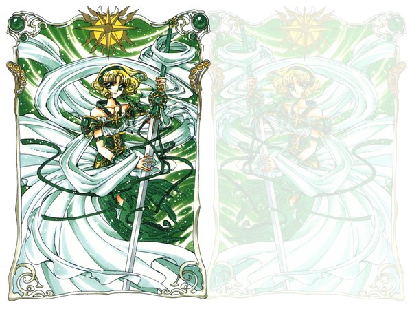 Anime picture 1739x1304 with magic knight rayearth clamp hououji fuu highres short hair simple background blonde hair white background green eyes wind framed zoom layer girl sword sun