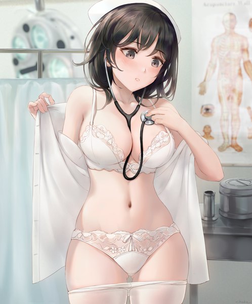 Anime picture 3400x4096 with original chowbie single tall image blush fringe highres short hair breasts light erotic black hair large breasts standing bare shoulders signed looking away absurdres indoors head tilt black eyes