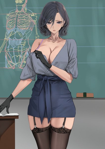 Anime picture 827x1169 with original kesoshirou single tall image looking at viewer blush fringe short hair breasts open mouth light erotic black hair hair between eyes large breasts standing cleavage off shoulder grey eyes thighs thigh gap
