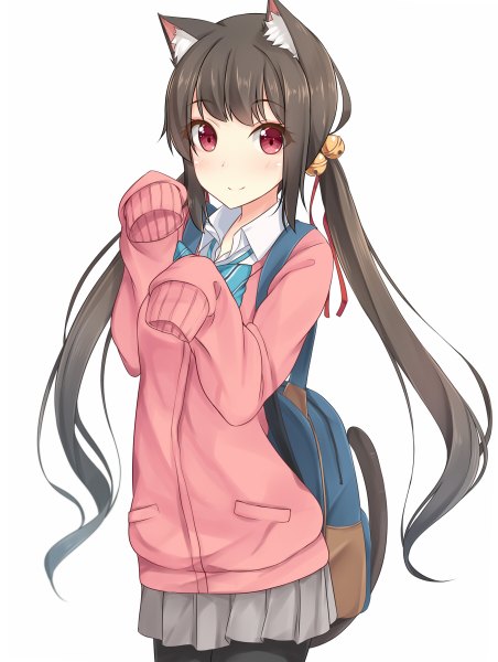 Anime picture 904x1200 with original hiiragi hajime single long hair tall image looking at viewer blush fringe simple background smile brown hair standing white background twintails animal ears long sleeves pleated skirt pink eyes cat ears cat girl
