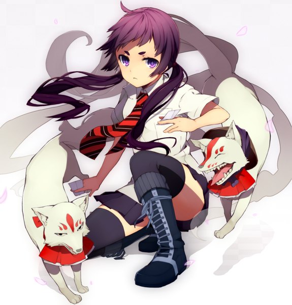 Anime picture 1749x1825 with ao no exorcist a-1 pictures kamiki izumo byakko (ao no exorcist) shirotaka (5choume) single long hair tall image highres open mouth white background purple eyes twintails purple hair demon girl thighhighs skirt uniform school uniform