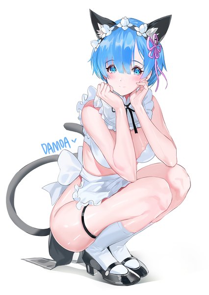 Anime picture 852x1200 with re:zero kara hajimeru isekai seikatsu white fox rem (re:zero) damda single tall image looking at viewer blush fringe short hair breasts blue eyes light erotic simple background hair between eyes white background signed animal ears blue hair cleavage