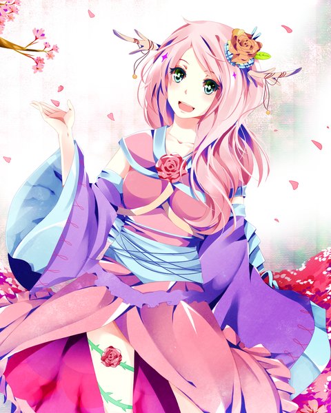 Anime picture 1200x1500 with original kuru-sann single long hair tall image open mouth green eyes pink hair traditional clothes japanese clothes hair flower cherry blossoms girl hair ornament flower (flowers) plant (plants) petals tree (trees) belt kimono