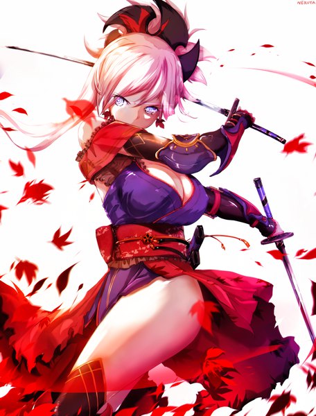 Anime picture 760x1000 with fate (series) fate/grand order miyamoto musashi (fate) nekoya (liu) single long hair tall image fringe breasts light erotic simple background hair between eyes white background purple eyes bare shoulders holding silver hair traditional clothes japanese clothes glowing