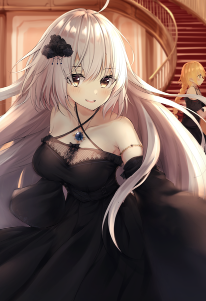 Anime picture 2414x3510 with fate (series) fate/grand order jeanne d'arc (fate) (all) jeanne d'arc alter (fate) jeanne d'arc (fate) uzuki tsukuyo long hair tall image looking at viewer blush fringe highres breasts open mouth blonde hair smile hair between eyes standing bare shoulders multiple girls