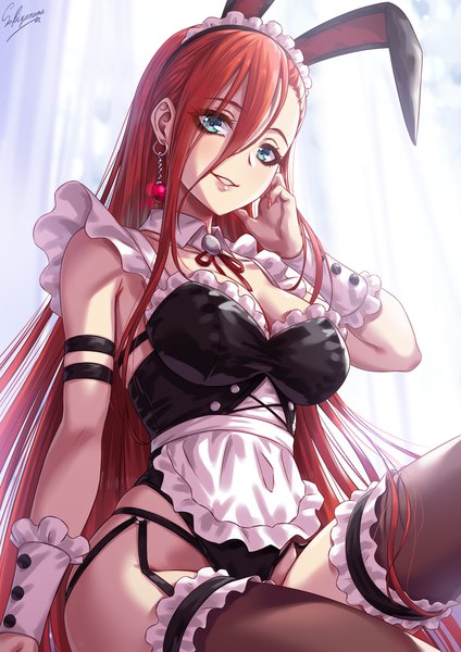 Anime picture 1500x2121 with original sakiyamama single long hair tall image looking at viewer fringe breasts light erotic smile hair between eyes large breasts sitting signed animal ears cleavage red hair nail polish parted lips arm up