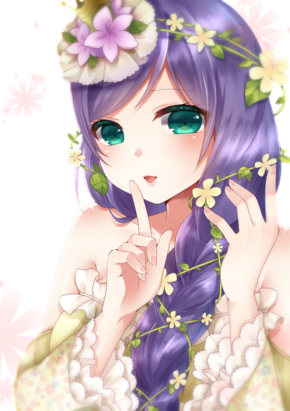 Anime picture 1191x1684 with love live! school idol project sunrise (studio) love live! toujou nozomi nekonomimi single long hair tall image looking at viewer blush fringe open mouth simple background white background bare shoulders purple hair upper body braid (braids) hair flower aqua eyes