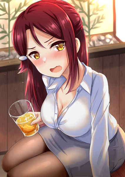 Anime picture 1075x1518 with love live! sunshine!! sunrise (studio) love live! sakurauchi riko kibihimi single long hair tall image looking at viewer blush fringe breasts open mouth light erotic hair between eyes sitting holding yellow eyes cleavage red hair