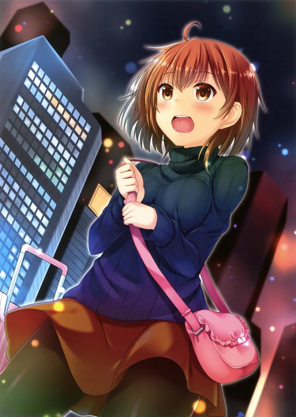 Anime picture 2486x3500 with original dodomayo single tall image blush highres short hair open mouth brown hair brown eyes looking away scan official art girl skirt pantyhose bag turtleneck