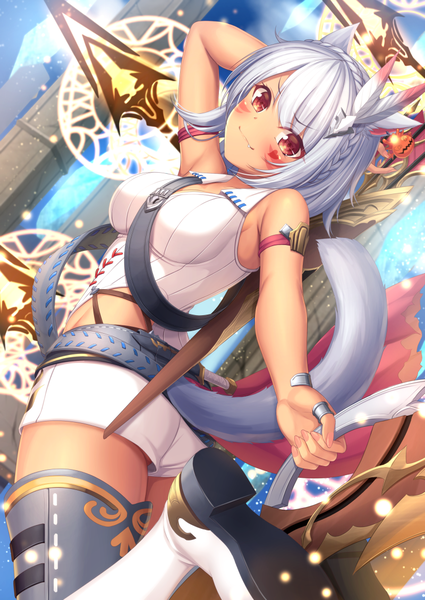 Anime picture 800x1129 with final fantasy final fantasy xiv square enix miqo'te tiphereth single tall image looking at viewer blush fringe short hair breasts light erotic smile holding brown eyes animal ears payot silver hair tail