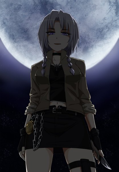 Anime picture 837x1200 with touhou izayoi sakuya maguro (mawaru sushi) single long hair tall image looking at viewer fringe breasts standing purple eyes holding braid (braids) light smile grey hair night open clothes open jacket from below alternate costume