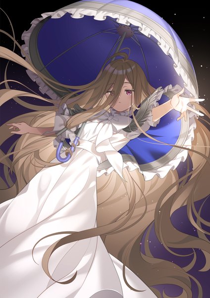 Anime picture 1000x1414 with sousou no frieren sense (sousou no frieren) rie (reverie) single tall image looking at viewer fringe hair between eyes brown hair purple eyes ahoge very long hair from below girl dress white dress umbrella parasol