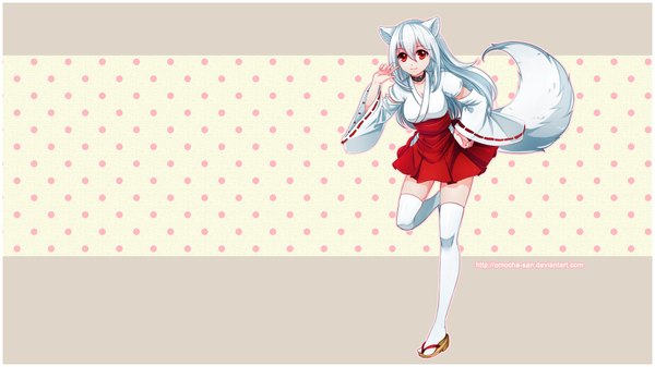 Anime picture 1920x1080 with original kisumi zenithomocha single long hair highres red eyes wide image animal ears white hair traditional clothes animal tail third-party edit stitched girl thighhighs skirt detached sleeves miniskirt white thighhighs