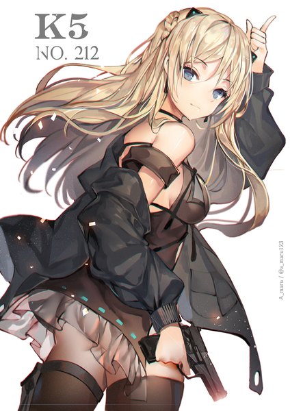 Anime picture 2480x3508 with girls frontline k5 (girls frontline) unity (ekvmsp02) single long hair tall image looking at viewer blush fringe highres breasts blue eyes light erotic simple background blonde hair hair between eyes standing white background holding signed