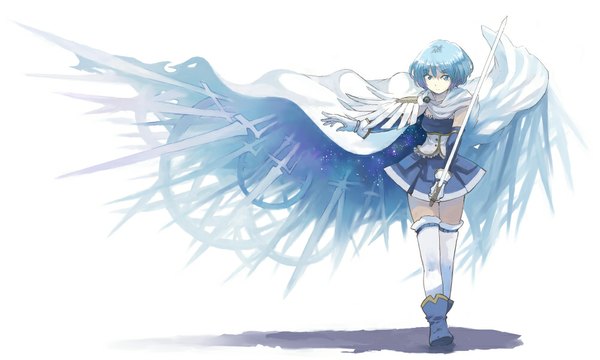 Anime picture 1000x600 with mahou shoujo madoka magica shaft (studio) miki sayaka imoman (artist) single short hair blue eyes simple background wide image white background blue hair walking girl thighhighs skirt gloves weapon white thighhighs sword cap