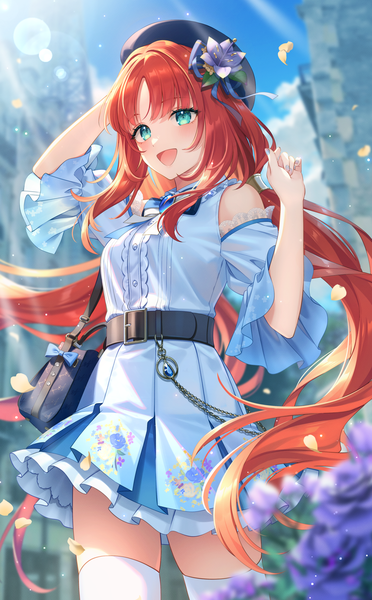 Anime picture 2378x3840 with genshin impact nilou (genshin impact) nilou (samsung) (genshin impact) bshi edayo single long hair tall image blush fringe highres open mouth smile standing twintails looking away sky cloud (clouds) outdoors red hair blunt bangs