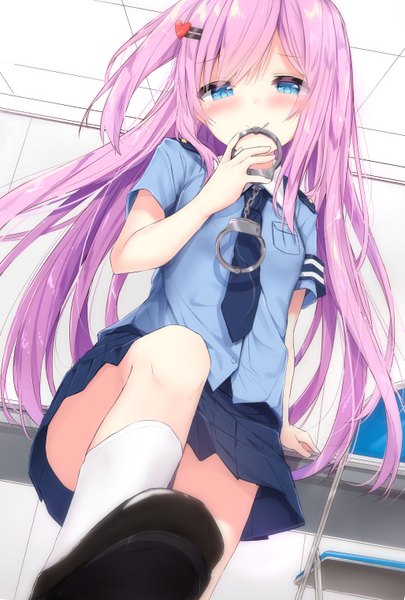 Anime picture 1027x1520 with original kouda suzu single long hair tall image looking at viewer blush fringe blue eyes light erotic smile hair between eyes standing holding payot bent knee (knees) indoors head tilt pleated skirt arm support