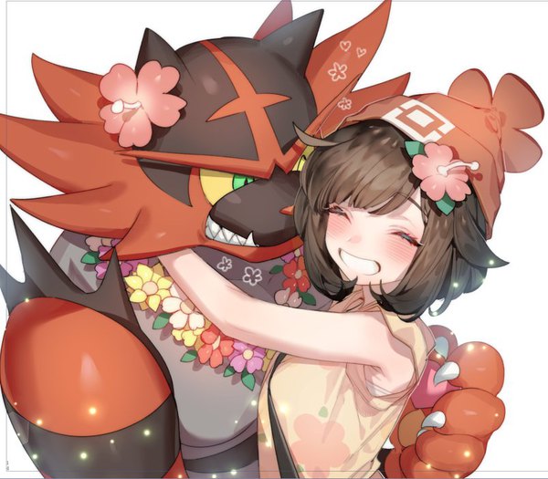 Anime picture 803x703 with pokemon pokemon sm nintendo selene (pokemon) incineroar zuizi blush short hair simple background smile brown hair white background eyes closed hair flower hug grin happy gen 7 pokemon girl flower (flowers)