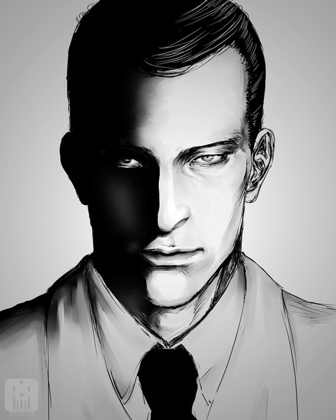 Anime picture 3000x3750 with monster (manga) heinrich runge ruzurifu single tall image looking at viewer highres short hair black hair simple background signed upper body realistic grey background watermark monochrome portrait shaded face boy necktie
