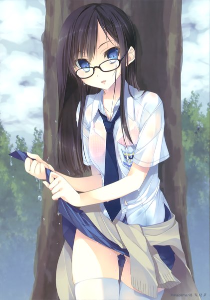 Anime picture 2458x3500 with original katagiri hinata single long hair tall image looking at viewer highres blue eyes light erotic black hair scan zettai ryouiki wet clothes wringing clothes girl thighhighs uniform school uniform white thighhighs glasses