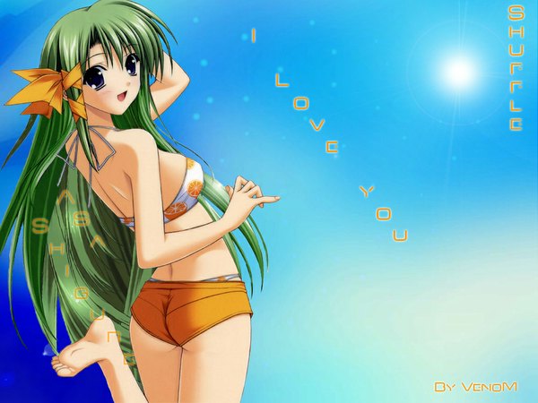 Anime picture 1024x768 with looking at viewer purple eyes very long hair green hair inscription no shoes food print girl ribbon (ribbons) swimsuit hair ribbon bikini