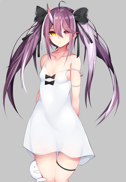 Anime picture 1200x1732 with original monotosu single long hair tall image looking at viewer blush fringe breasts light erotic simple background hair between eyes red eyes standing twintails bare shoulders yellow eyes payot purple hair ahoge
