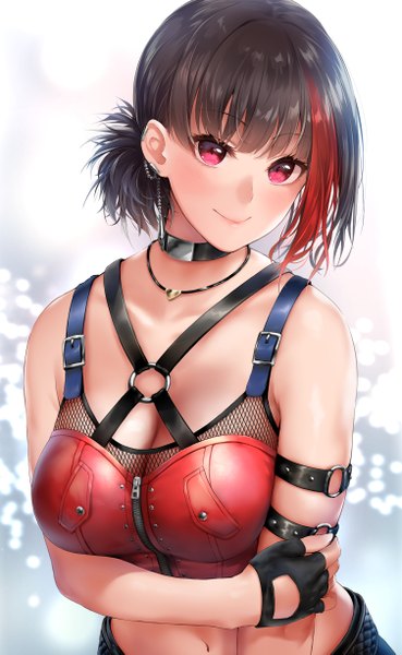 Anime picture 1507x2445 with bang dream! mitake ran khanka shui single tall image looking at viewer blush fringe short hair breasts light erotic black hair smile red eyes purple eyes bare shoulders cleavage upper body multicolored hair two-tone hair