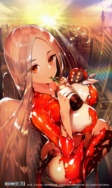 Anime picture 599x1000 with destiny child diablo (game) blizzard entertainment tetsubuta single long hair tall image looking at viewer breasts light erotic brown hair sitting holding cleavage tail from above sunlight orange eyes copyright name mouth hold