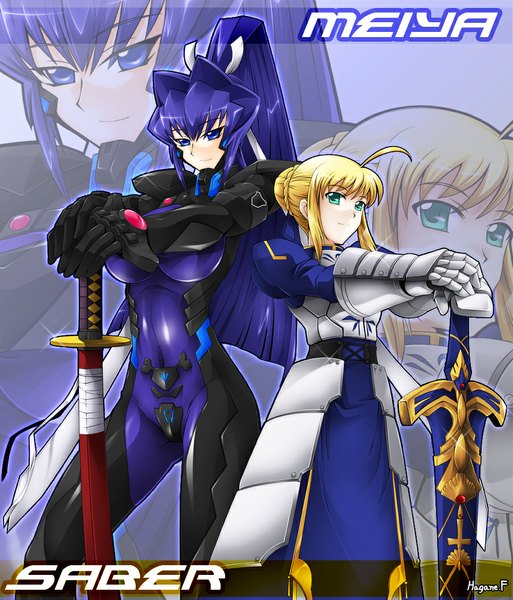 Anime picture 900x1052 with fate (series) fate/stay night muvluv total eclipse studio deen type-moon artoria pendragon (all) saber mitsurugi meiya haganef long hair tall image short hair blue eyes blonde hair multiple girls green eyes purple hair ponytail light smile girl