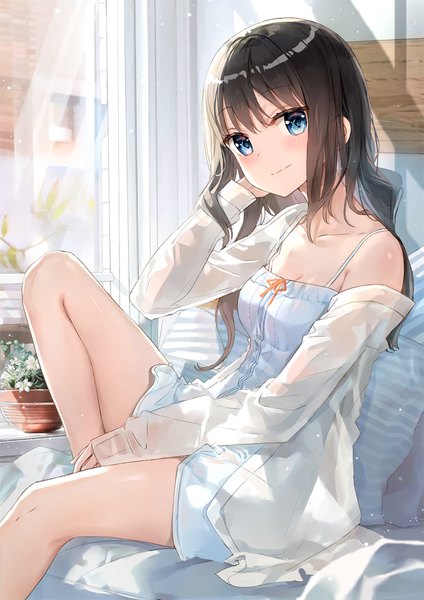 Anime picture 636x900 with original fuumi (radial engine) single long hair tall image looking at viewer blush fringe breasts blue eyes black hair smile sitting cleavage bent knee (knees) indoors blunt bangs off shoulder open shirt sleeves past wrists