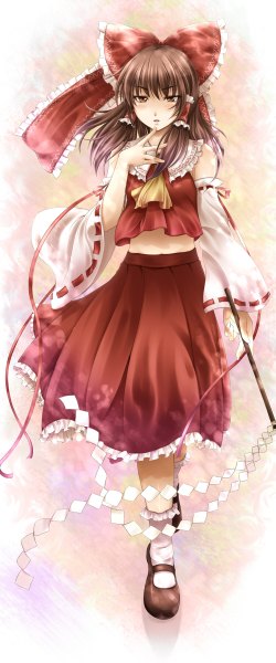 Anime picture 500x1200 with touhou hakurei reimu mochi.f single long hair tall image looking at viewer blush brown hair brown eyes finger to mouth girl dress skirt bow hair bow detached sleeves skirt set gohei