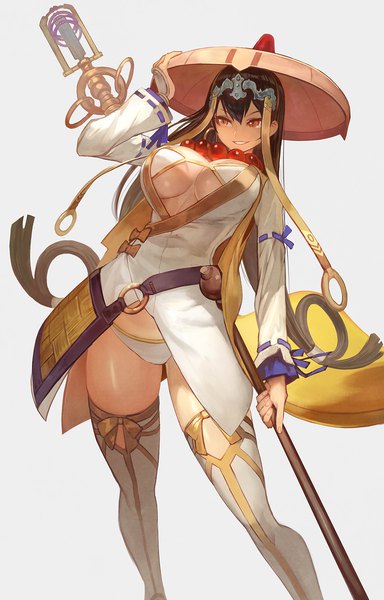 Anime picture 960x1500 with fate (series) fate/grand order xuangzang sanzang (fate) lack single long hair tall image fringe breasts light erotic simple background hair between eyes red eyes brown hair large breasts holding looking away grey background underboob adjusting hat