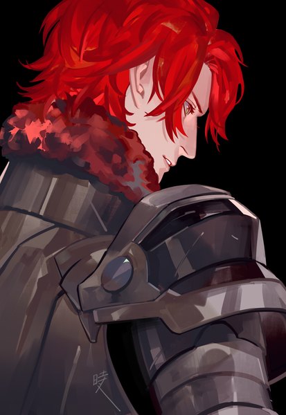Anime picture 688x1000 with fire emblem fire emblem: three houses nintendo sylvain jose gautier tokihito single tall image short hair simple background yellow eyes looking away upper body red hair parted lips profile black background boy armor spaulder (spaulders)