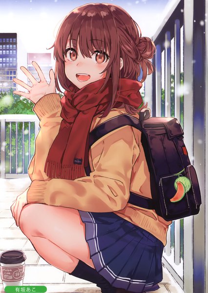 Anime picture 2096x2954 with melonbooks arisaka ako single tall image looking at viewer blush fringe highres short hair open mouth smile hair between eyes brown hair brown eyes signed payot sky full body outdoors long sleeves