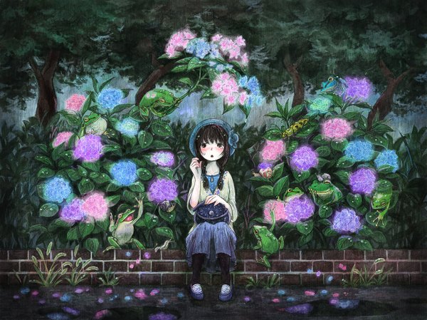 Anime picture 1300x974 with original sachy (artist) long hair looking at viewer open mouth black hair sitting braid (braids) black eyes rain girl flower (flowers) plant (plants) petals tree (trees) bag hydrangea frog snail