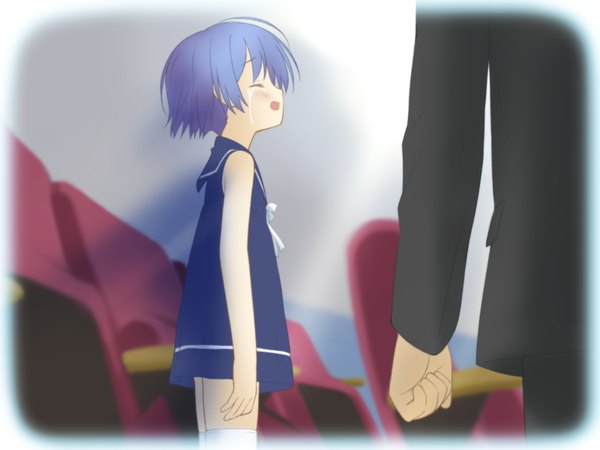 Anime picture 1600x1200 with hoshizora no memoria aoi isuzu shida kazuhiro blush short hair open mouth blue hair looking away game cg eyes closed profile loli tears solo focus girl dress boy sundress child (children)