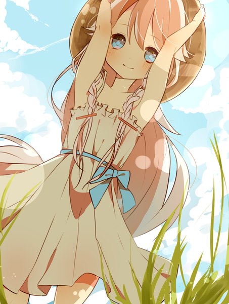 Anime picture 1200x1587 with vocaloid ia (vocaloid) unano (artist) single long hair tall image looking at viewer blue eyes blonde hair standing bare shoulders sky cloud (clouds) braid (braids) light smile sunlight loli girl dress bow
