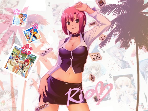 Anime-Bild 1600x1200 mit rio rainbow gate! tecmo (studio) rio rollins koutaro short hair breasts light erotic smile large breasts standing brown eyes pink hair cleavage inscription bare belly midriff hand on hip hand on head girl skirt