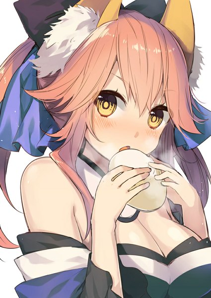 Anime picture 702x991 with fate (series) fate/extra type-moon tamamo (fate) (all) tamamo no mae (fate) itohana single long hair tall image looking at viewer blush fringe breasts open mouth simple background large breasts white background bare shoulders holding animal ears