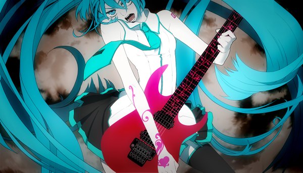 Anime picture 1500x859 with vocaloid hatsune miku long hair open mouth blue eyes wide image twintails blue hair tattoo singing girl necktie heart musical instrument guitar