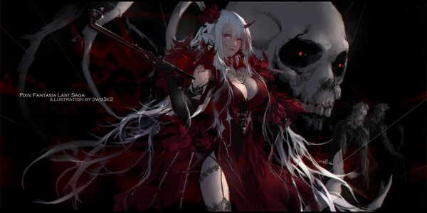 Anime picture 2126x1063 with original pixiv fantasia pixiv fantasia last saga swd3e2 single long hair looking at viewer fringe highres breasts open mouth light erotic simple background smile hair between eyes red eyes wide image large breasts standing holding