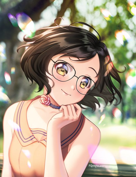Anime picture 700x906 with original kimopoleis single tall image looking at viewer blush short hair smile brown hair bare shoulders signed yellow eyes upper body ahoge outdoors head tilt wind blurry girl choker